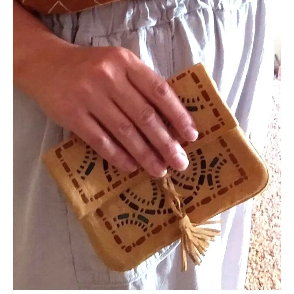 Handmade Morrocan Leather Mini Clutch Coin Purse Fold Over Tassel Toggle Closing